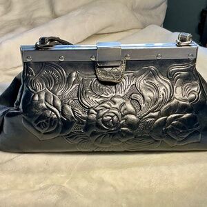 Patricia Nash black rose leather Ferrara framed purse